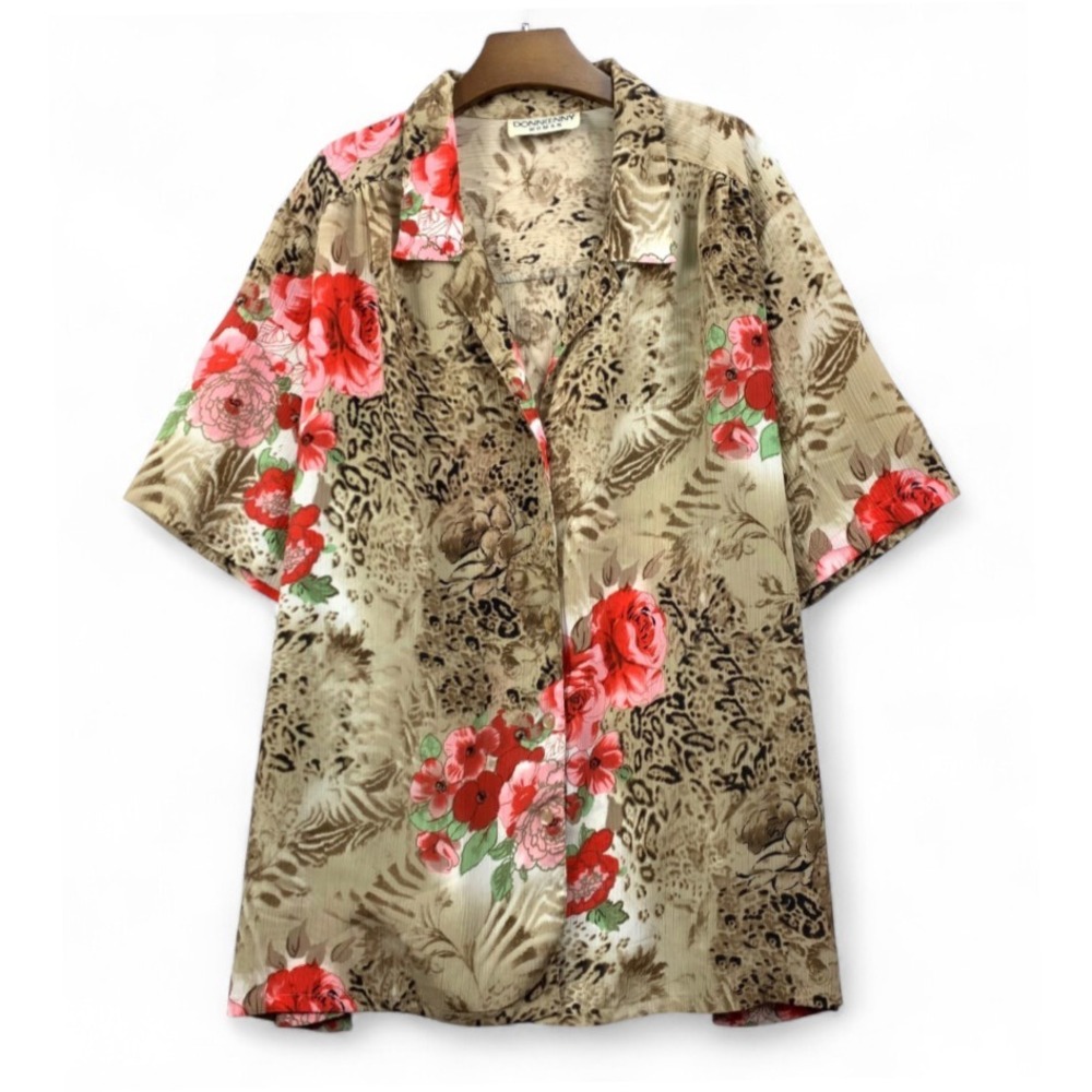 VTG DonnKenny SILKY BUTTON-UP SHIRT TOP Leopard & Pink/Red Roses Grannycore XL-P - Picture 1 of 4